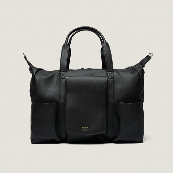 Black premium leather mommy bag with a the IVY brand logo on a white background