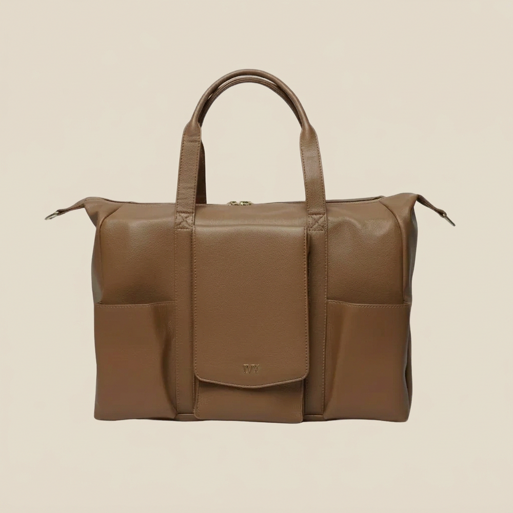 Brown premium leather mommy bag with a visible brand logo on a white background