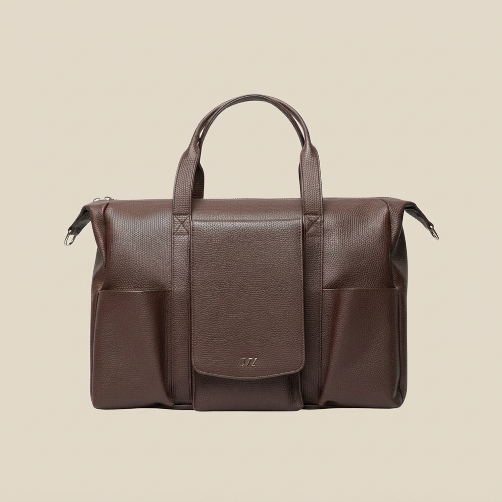 Brown leather bag with a visible brand logo on a white background