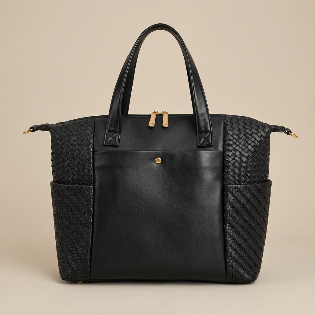 Mamalicious leather bag with dual top handles, gold-tone hardware, and textured woven side pockets, shown against a solid beige background.