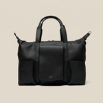 Black premium leather mommy bag with a the IVY brand logo on a white background