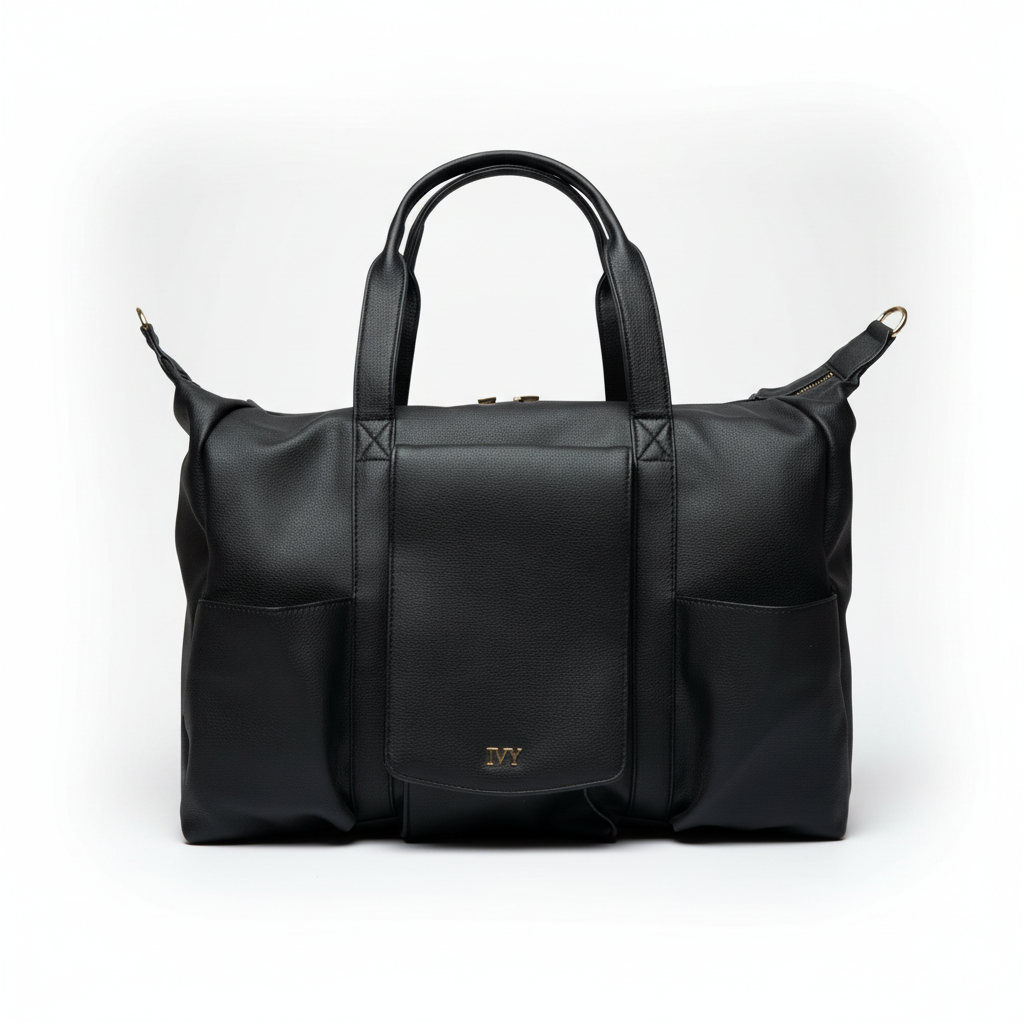 Black premium leather mommy bag with a the IVY brand logo on a white background