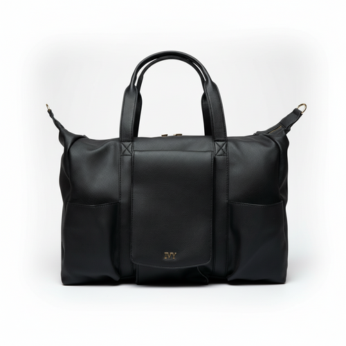 Black premium leather mommy bag with a the IVY brand logo on a white background