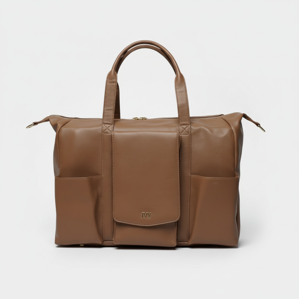 Brown premium leather mommy bag with a visible brand logo on a white background