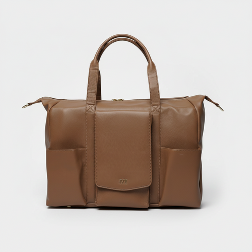 Brown premium leather mommy bag with a visible brand logo on a white background