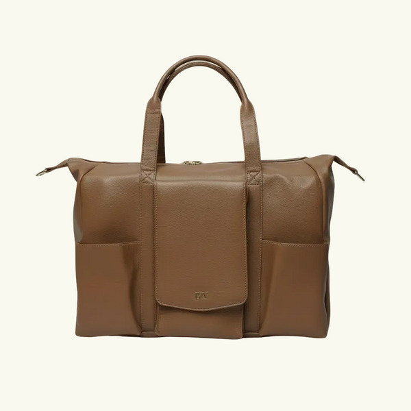 Brown premium leather mommy bag with a visible brand logo on a white background