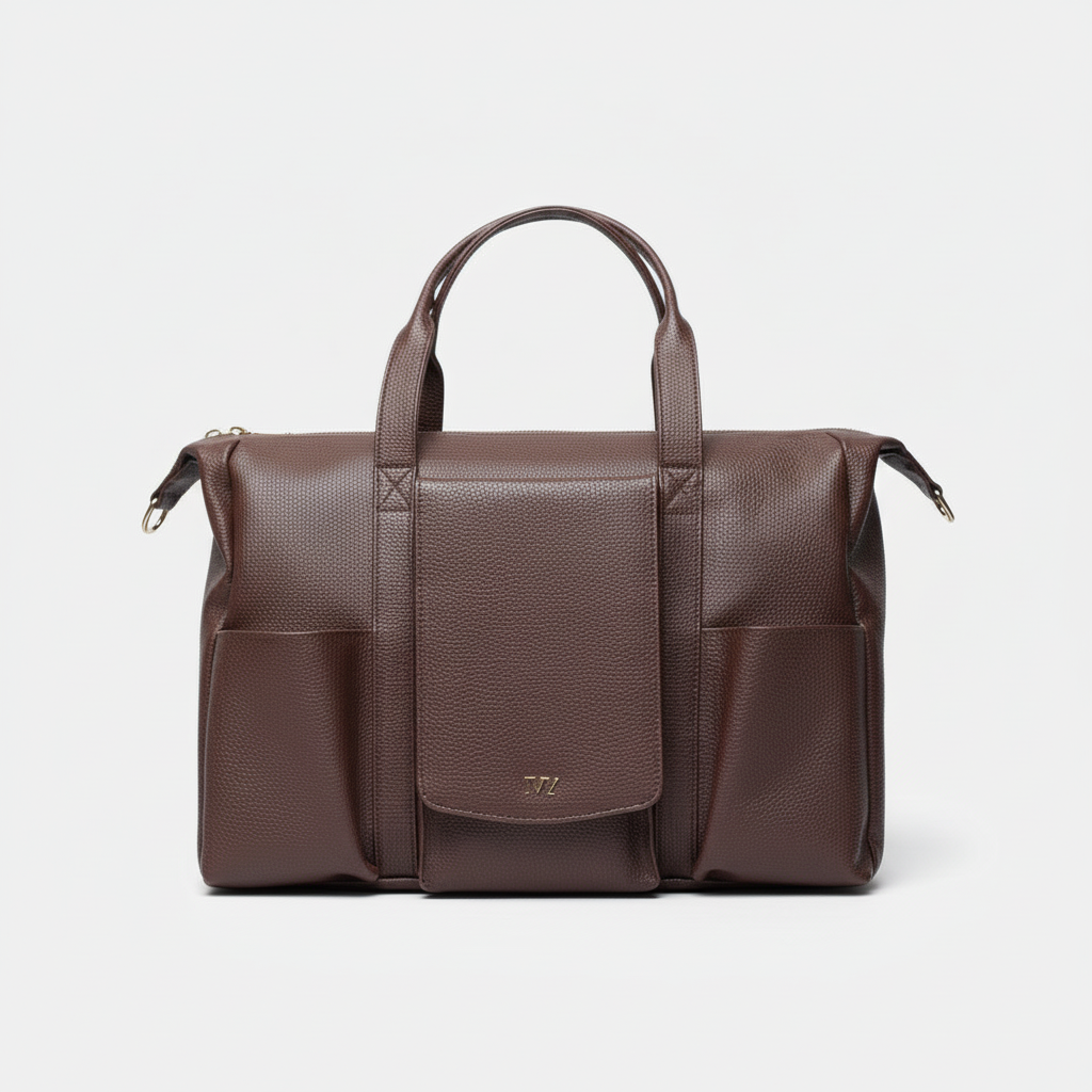 Brown leather bag with a visible brand logo on a white background