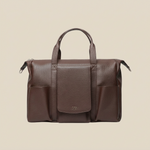 Brown leather bag with a visible brand logo on a white background