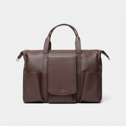 Brown leather bag with a visible brand logo on a white background