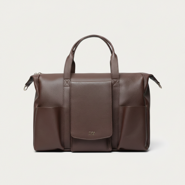 Brown leather bag with a visible brand logo on a white background