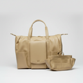 Beige handbag with matching pouch on a white background