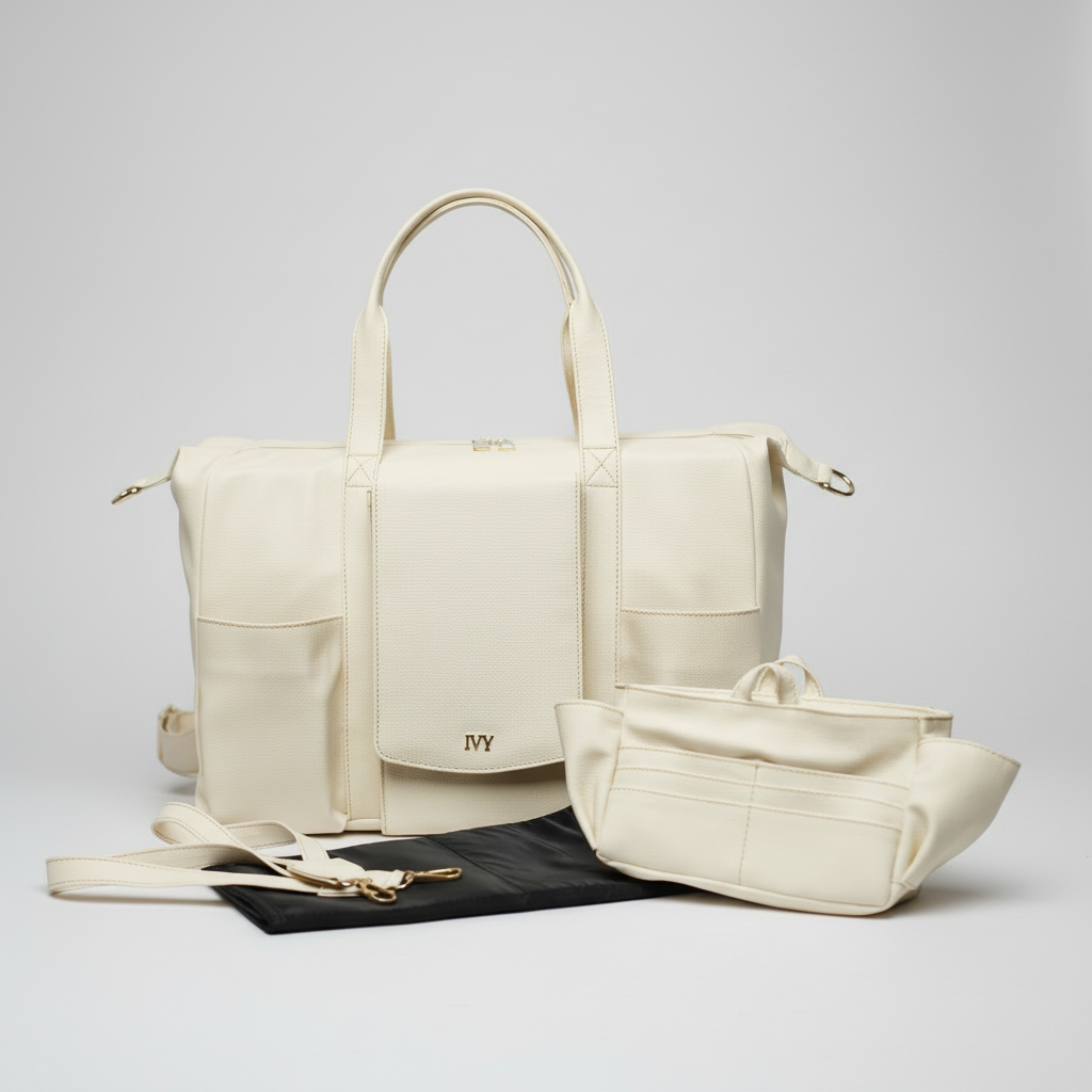 White handbag with matching pouch on a white background