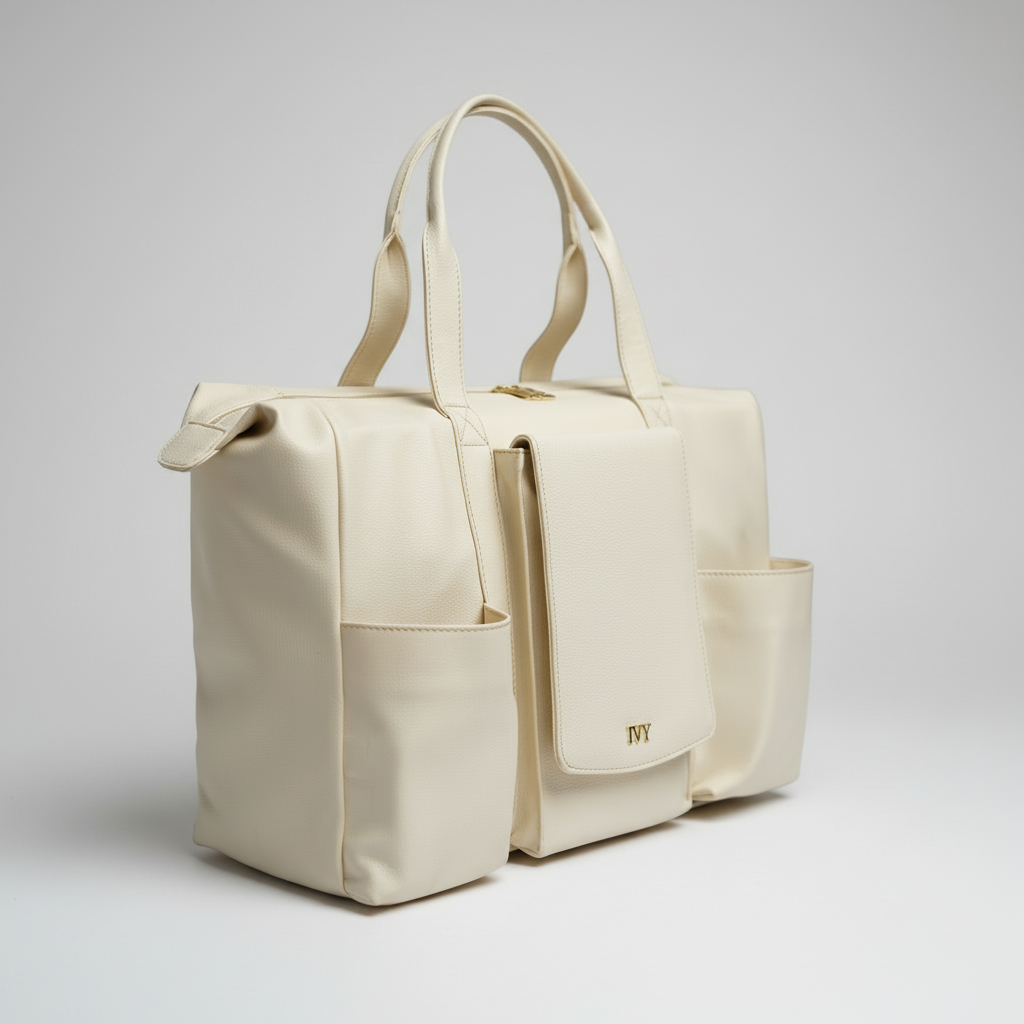 Beige handbag with a pocket on a white background